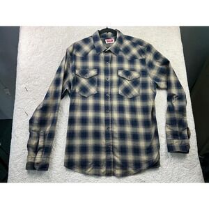 Wrangler Shirt Mens Large Blue Beige Plaid Flannel Western Pearl Snap Pockets
